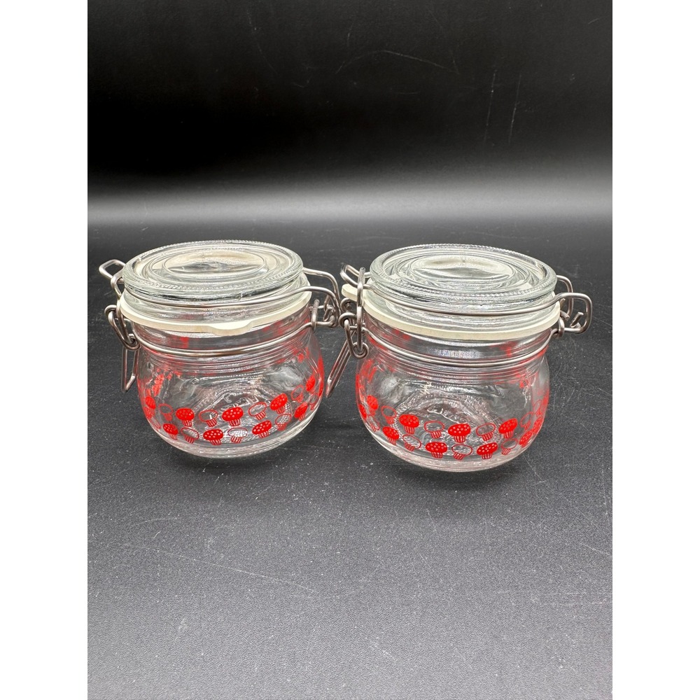IKEA KORKEN Mushroom Glass Clamp Jars Set of 2 Red Clear 4oz Spice Storage